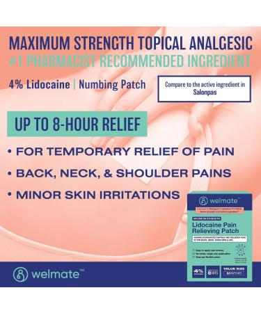 Welmate 4% Lidocaine Numbing Patch | Maximum Strength for Aches, Pains, Muscle Soreness & Joint Pain | Arthritis Relief | 30 Count Unscented Lidocaine Patch - Buy Online on GoSupps.com