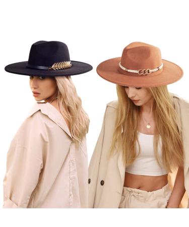 2 Pack Wide Brim Fedora Hats for Women Men Stylish Fedora Hats for Women Classic Felt Fedora Hats Belt Buckle Felt Panama Hat Black and Khaki 02