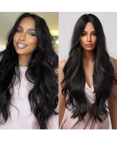 Long Black Wigs for Women Curly Synthetic Hair Middle Part Wig Heat Resistant Fiber Black