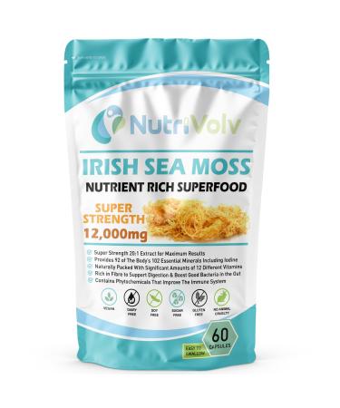 Nutrivolv Irish Sea Moss 12000mg - High Strength Vegan Capsules - Supports Immune System Skin & Digestive Health - 60 Capsules - Sea Moss Supplement for Energy Detox & Overall Wellness