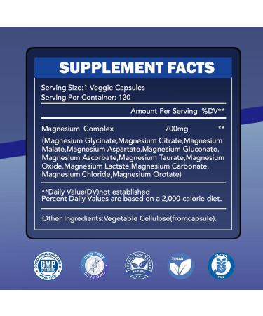 Magnesium Complex 700mg 12 in 1 Magnesium Supplement with Glycinate, Citrate, Malate | Sleep, Calm, Muscle Relaxation, Heart Health Support | Vegan 120 Capsules - Buy Online on GoSupps.com