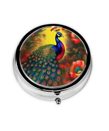 Peacock Flowersround Pill Box 3 Compartment Round Pill Box Organizer &Portable Travel Pill Box for Traveling.