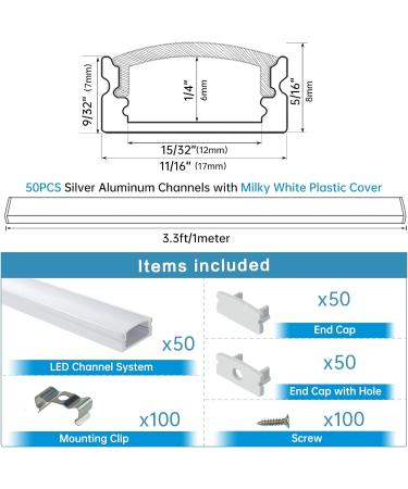 Muzata 50Pack 3.3FT LED Channel System - Silver Aluminum Housing Track for Strip Tape Light - Milky White Cover Lens - U Shape Design - Buy Online on GoSupps.com