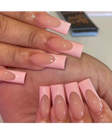 MABKJLF Press on Nails Long Square Pink French Tip Fake Nails Full Cover False Nails with Designs Light Pink Nail Tip Glossy False Nails with Nail Glue Artificial Acrylic Nails for Women Girls 24 Pcs French Long Square S...