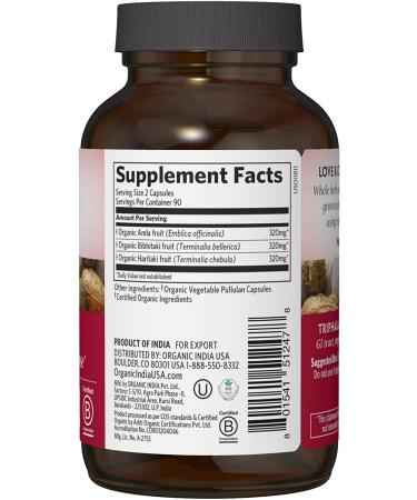 Organic India Triphala Herbal Supplement - 180 Capsules for Digestion, Immune Support, Vegan & Non-GMO - Buy Online on GoSupps.com
