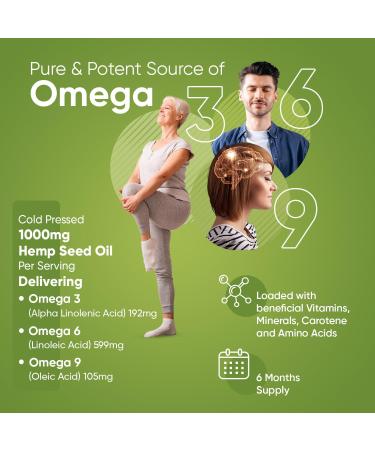 Hemp Seed Oil Softgels with Omega 3 6 9 & Vitamin E - 180 Capsules, Cold Pressed Supplement - Non-GMO, Gluten-Free, Made in the UK - Buy Online on GoSupps.com