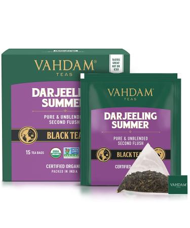 VAHDAM Organic Darjeeling Black Tea â€“ 15 Pyramid Bags | Pure Himalayan Tea, Medium Caffeine, Brew HotIced - Buy Online on GoSupps.com