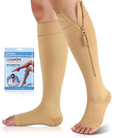 CASMON 15-20mmHg Zipper Compression Socks for Women and Men Knee High Compression Stockings Medical Open Toe Support Socks for Varicose Veins Post-Surgery Swelling Nurses Pregnancy (1 Pair) X-Large Beige