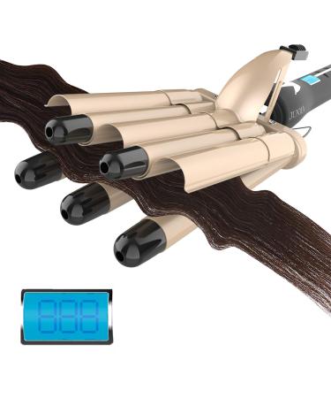 Charites Digital Hair Crimper Hair Iron for Women - 3/4-Inch (19mm) Small Hair Waver Iron, 5-Barrel Hair Curling Iron Wand Crimping Iron for Hair, LCD Temperature Display Dual Voltage 19mm Gold