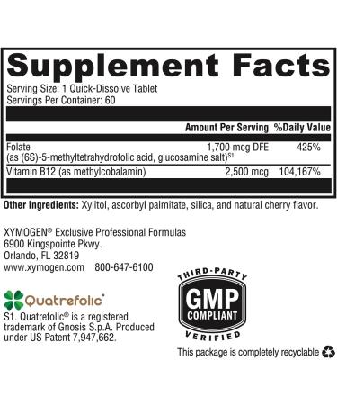 XYMOGEN 5-MTHF Plus B12 - Biologically Active Folate + Methyl B12 for Methylation & Nervous System Health - Cherry Flavor (60 Tablets) - Buy Online on GoSupps.com