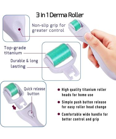 BOWKA Derma Microneedling Roller 3-in-1 Set - 600 (0.30 mm) 180 (0.25 mm) 1200 (0.50 mm) for Face and Body (Green) - Buy Online on GoSupps.com