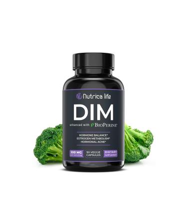 Nutrica Life DIM Supplement 300mg - Diindolylmethane with Broccoli & BioPerine - Hormone Balance Support for Women & Men Estrogen Metabolism Menopause Relief & Hormonal Acne Control - 90 Vegan Caps