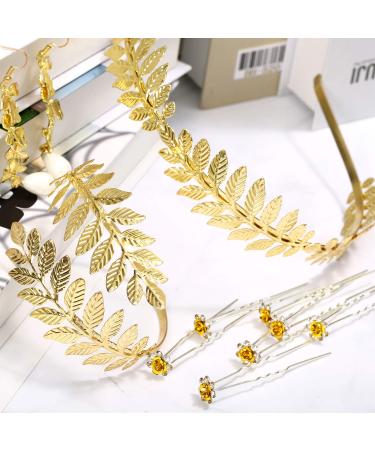 15-Piece Greek Goddess Costume Set: Golden Leaves Bridal Crown, Pearl Earrings, Hair Pins - Classic Style - Buy Online on GoSupps.com
