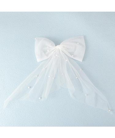 Vakkery Bridal Hair Bow Veil White Tulle Bow Hair Clip with Pearl Wedding Bachelorette Party Decoration Hair Accessories for Women - Buy Online on GoSupps.com