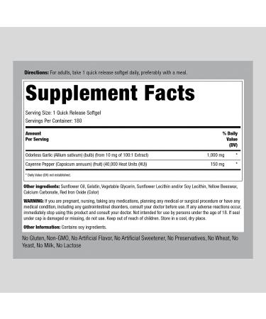 Piping Rock Odorless Garlic and Cayenne Supplements 1000mg | 180 Softgels | Non-GMO, Gluten Free - Buy Online on GoSupps.com