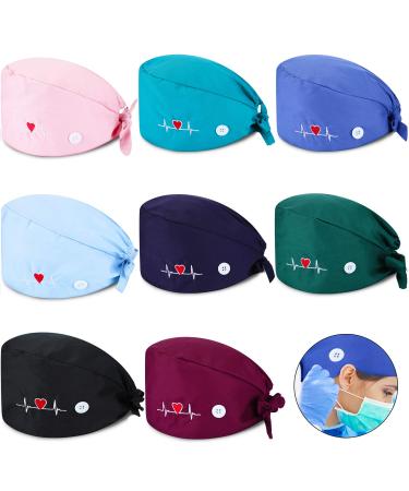 SATINIOR 8 Pieces Bouffant Caps with Buttons Sweatband Tie Back Bouffant Turban Caps for Women Men