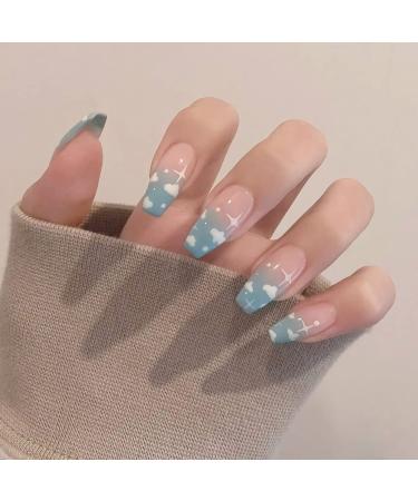 IMSOHOT 24Pcs Press on Nails Medium Glossy Coffin Fake Nails Blue Sky Clouds False Nails Glue on Nails Full Cover Ballerina Acrylic Nails for Women and Girls A-06