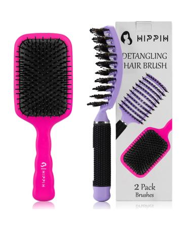 Hair Brush for Thick Hair, HIPPIH Paddle Hairbrush for Women, Men, Kids’ Wet or Dry Hair, Hair Brushes for For Curly, Thin Long Hair, Curved Detangling Brush Can Adds Shine and Makes Hair Smooth Pink