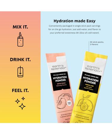 Earth's Splendor Hydration Powder Bundle | Lemon Lime & Sugar-Free White Peach | 20 Single-Serving Electrolyte Sticks | Fast Hydration & Electrolyte Support - Buy Online on GoSupps.com