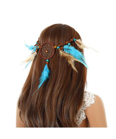 Boho Feather Headband Dream Catcher Hair Band - Handmade Tassel Headpiece for Women and Girls (Blue) - Buy Online on GoSupps.com