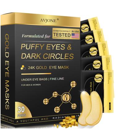 AVJONE 24K Gold Eye Mask - 30 Pairs Puffy Eyes and Dark Circles Treatments - Relieve Pressure and Reduce Wrinkles  Revitalize and Refresh Your Skin