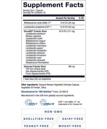 1MD Nutrition BiomeMD Probiotics | 62 Billion CFUs 15 Comprehensive Strains - Pro & Prebiotics | Doctor-Formulated for Digestive Health & Immune Support | 60 Capsules 30 Count (Pack of 2) - Buy Online on GoSupps.com