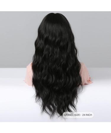 Long Black Synthetic Wavy Hair Wig with Neat Fringe for Women - HAIRCUBE - Buy Online on GoSupps.com