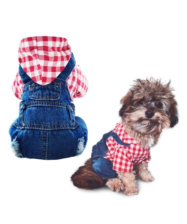 Pet Clothes Denim Dog Jeans Striped or Grid Jumpsuit Overall Hoodie Coat for Small Medium Puppy Cat X-Large Red Plaid