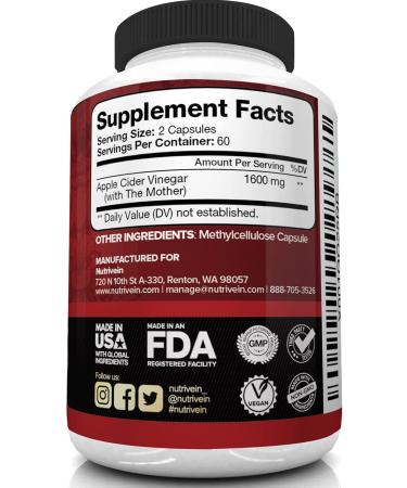 Nutrivein Apple Cider Vinegar Capsules 1600mg - 120 Vegan Pills for Weight Loss, Detox, Digestion - Keto Friendly - Supports Immune System - ACV Raw - Vegan Formula - Buy Online on GoSupps.com