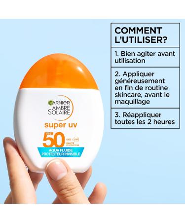 GARNIER - Ambre Solaire Acide Hyaluronique - Aqua Fluide Invisible SPF50 - Fluide Solaire Non Teint e - Matifie Prot ge Illumine & Hydrate - L g re & Non Grasse - Tous Types de Peaux - 40 ml - Buy Online on GoSupps.com