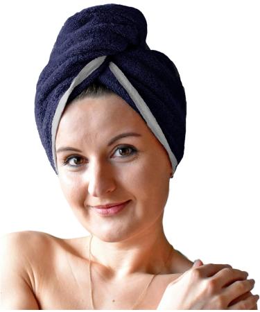 Homelevel 2x Terry Hair Turban with Button - 100% Cotton Quick Drying Hair Towels - Dark Blue & Light Gray - Perfect for Easy Hair Drying - Buy Online on GoSupps.com