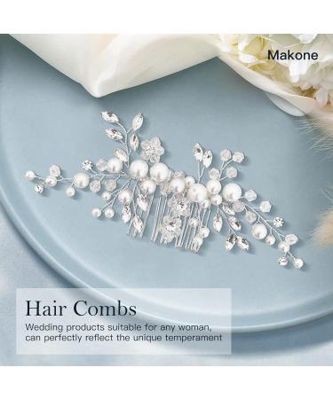 Makone Silver Pearl Flower Wedding Hair Piece for Bride | Bridal Accessories for Women & Girls - Wedding Hair Clips Pearl Comb - Buy Online on GoSupps.com