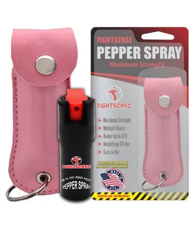 FIGHTSENSE Self Defense Pepper Spray - 1/2 oz Compact Size Maximum Strength Police Grade Formula Best Self Defense Tool for Women W/Leather Pouch Keychain Pink