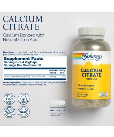 SOLARAY Calcium Citrate 1000mg | Bone Strength & Healthy Teeth | Dietary Supplement | Vegan Lab Verified | 240 Vegetarian Capsules - Buy Online on GoSupps.com