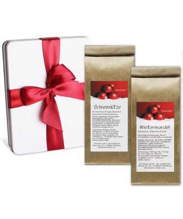 Quertee Set of 2 Christmas teas in a gift box with a bow - Winter Fruit Tea - Winter Almond and Snow Hats - 100g Quertee