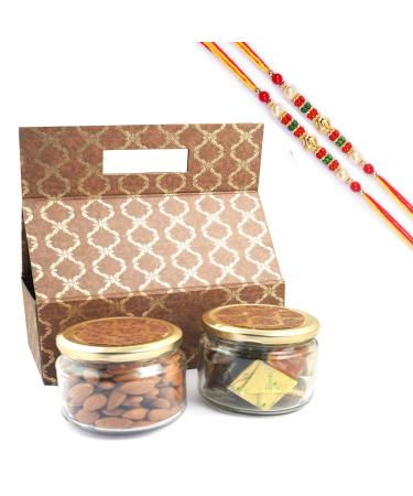 Ghasitaram Gifts Rakhi Gifts for Brothers Rakhi Sweets - 2 Jars Bag Box of Assorted Bites and Almonds with 2 Pearl Beads Rakhis