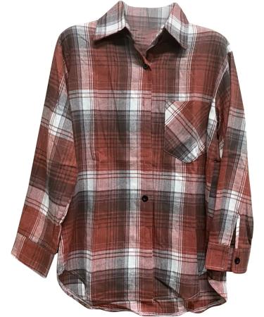Routinfly Womens Autumn Color Block Plaid Jacket - Stylish Button Down Shirt Coat Top in L Orange | Fashion Casual Loose Fit - Buy Online on GoSupps.com