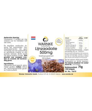 Organic Linseed Oil Softgels - 58% Alpha Linolenic Acid - 500mg Omega-3 Fatty Acid - Cold Pressed - 100 Softgels - Warnke Vitalstoffe - Buy Online on GoSupps.com