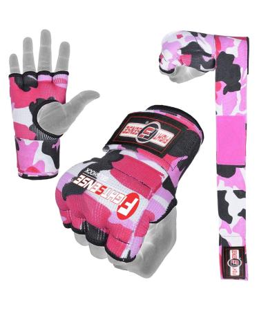 FIGHTSENSE Padded Gel Inner Boxing Gloves for Men and Women with Long Elasticated Hand Wraps for Punching, Boxing, MMA, Muay Thai, Kickboxing and Martial Arts Training (Pair) Camo Pink Small