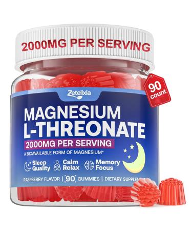 90 Count | Magnesium L-Threonate Gummies 2000mg, Magnesium Threonate Supplement for Adults & Kids, Support Cognition, Restful Sleep & Muscle Health, Sugar Free, Vegan, Non-GMO, Raspberry Flavor 90 Count (Pack of 1)