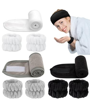9 PCS Spa Facial Headbands and Wrist Bands Set  Cloth Headband Adjustable Hairband Highly Absorbent Wristbands Headband for Washing Face Shower Skincare Makeup (White & Gray & Black)