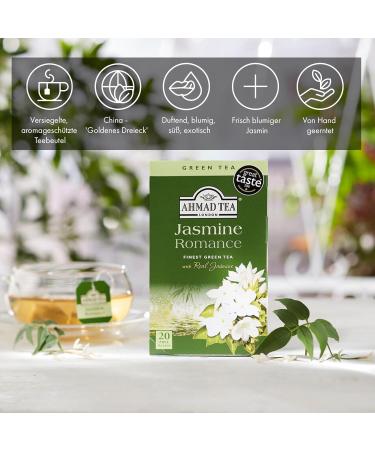 Ahmad Tea Jasmine Romance - Green Tea with Real Jasmine Flowers - 6 x 20 Individually Packaged Aroma Sealed Tea Bags - Buy Online on GoSupps.com