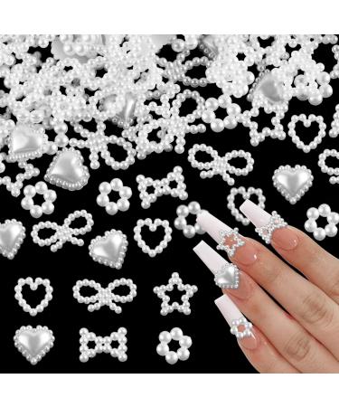 600 Pcs White Pearls 3D Nail Charms Multi Shapes Heart Bowknot Star Nail Art Charms Mixed Acrylic Pearls Hollow Beads Nail Charms for DIY Manicure Crafts Jewelry Accessories