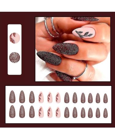 24Pcs Almond Matte Red Press on False Nails with Leaves Designs - Stiletto French Tips Autumn Fake Nails - Buy Online on GoSupps.com