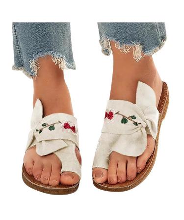 Women Orthopedic Splint Sandal Casual Bow Embroidered Suede Soft Big Toe Correction Sandals for Women Orthopedic Bunion Corrector Outer Wear Beach Slippers 6 White