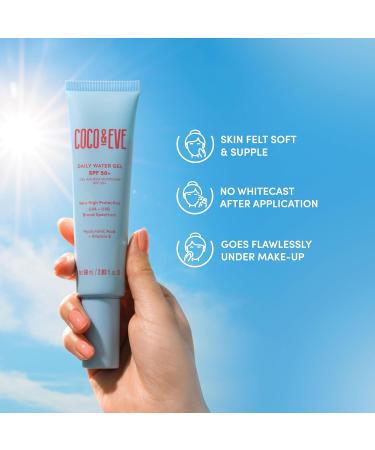 Coco & Eve Daily Water Gel SPF 50+ Sunscreen - Sun Face Protection Against UVA UVB | Australian Made Hydrating Lightweight Facial Suncream | Hyaluronic Acid Aloe Vera Glycerin for Smooth Finish - Buy Online on GoSupps.com
