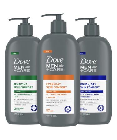 Dove Hand & Body Lotion Men+Care Variety Pack Rough Dry Skin Comfort with Shea Butter Sensitive Skin Comfort with Aloe Vera Everyday Skin Comfort with Jojoba Oil 13.5 Oz Ea (3 Piece Set)