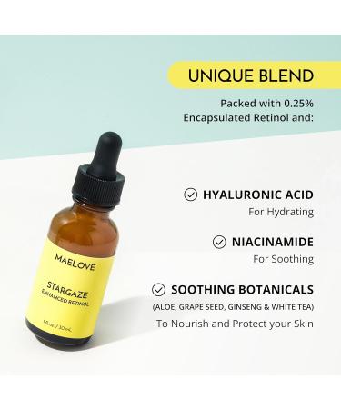 Buy MAELOVE Stargaze Enhanced Retinol Serum - 0.25% Time-Released Retinol for Radiant Skin Hydrating Hyaluronic Acid Niacinamide & Soothing Botanicals - Ideal for Sensitive Skin - USA Made - International Shipping Available - Buy Online on GoSupps.com