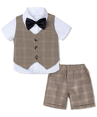 mintgreen Baby Boys 3 Pieces Outfit Gentleman Suit Set Shirt & Bowtie & Waistcoat & Shorts Size:1-6 Years 4-5 Years Khaki Plaid