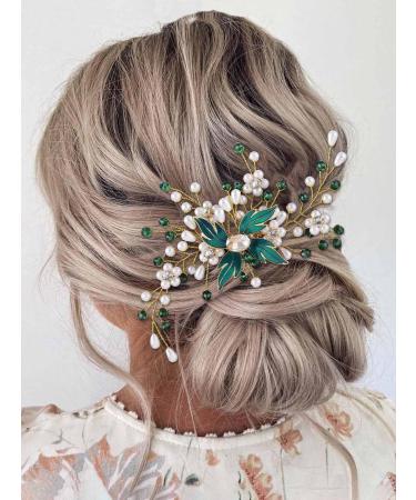 IYOU Pearl Bridal Hair Comb Green Crystal Wedding Side Combs Leaf Headpiece Prom Guest Bride Hair Accessories for Women - Buy Online on GoSupps.com